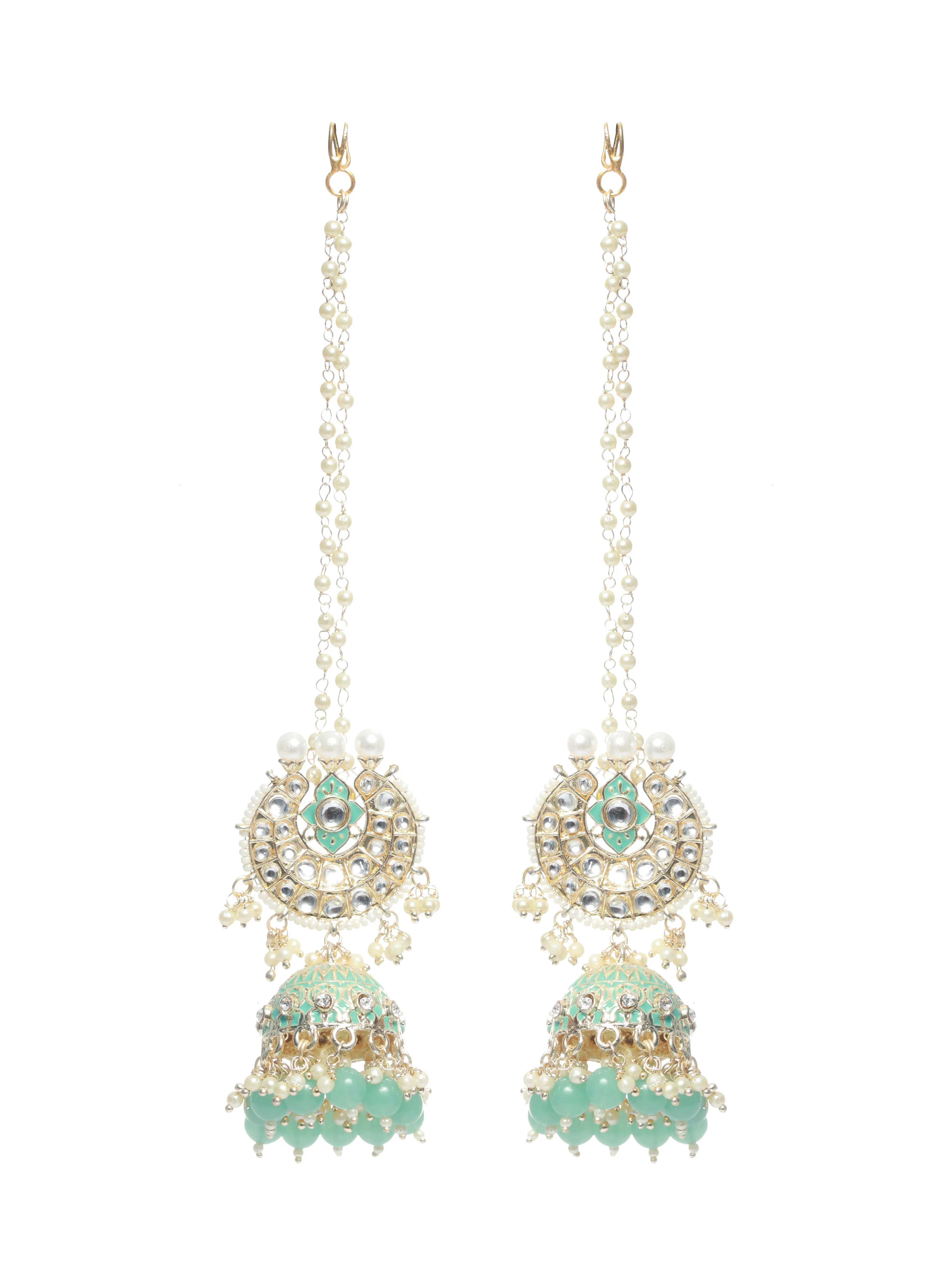 Gold-Plated Sea Green & White Kundan Studded & Beaded Enamelled Handcrafted Jewellery Set