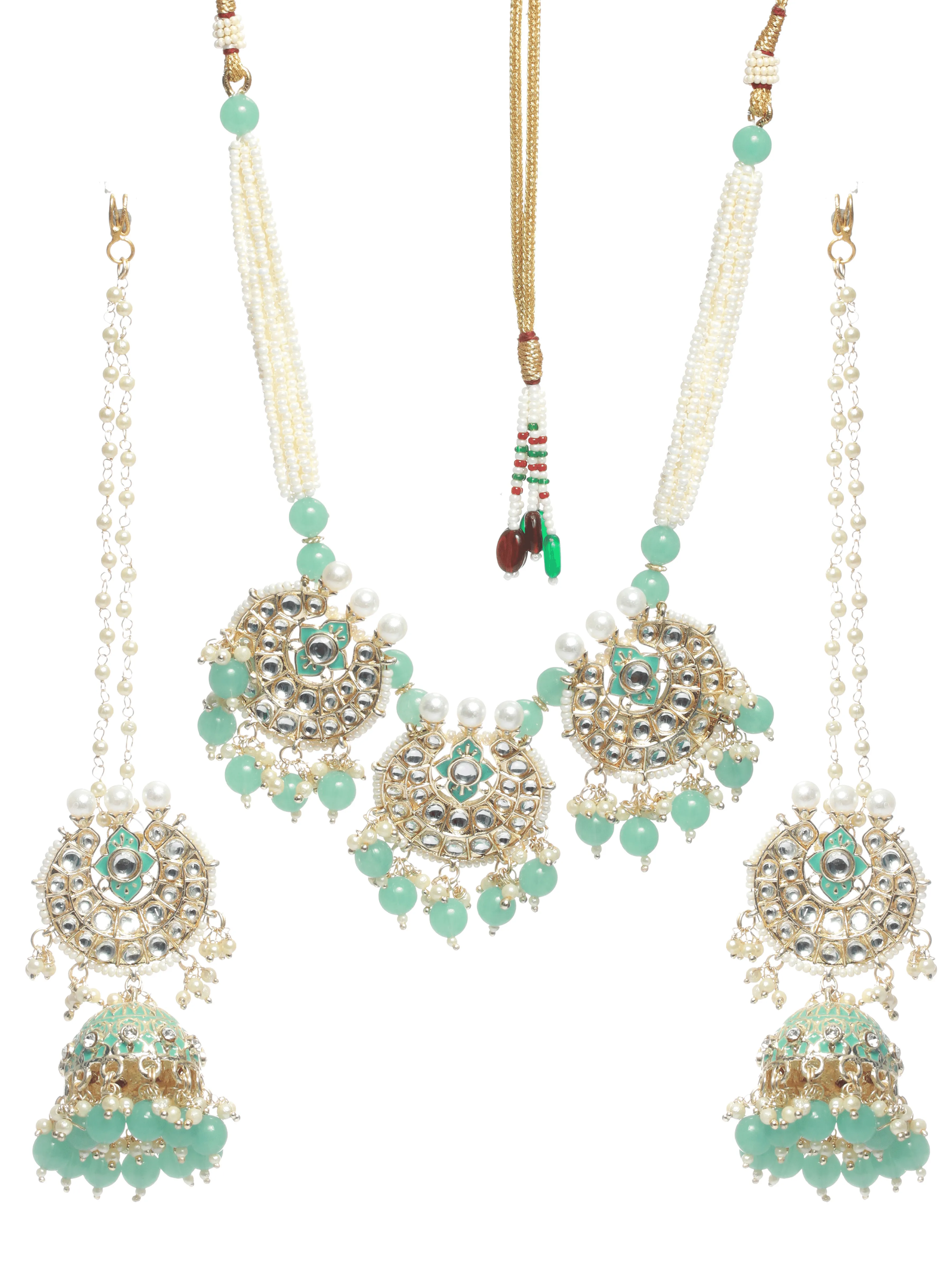 Gold-Plated Sea Green & White Kundan Studded & Beaded Enamelled Handcrafted Jewellery Set