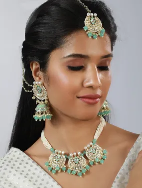 Gold-Plated Sea Green & White Kundan Studded & Beaded Enamelled Handcrafted Jewellery Set
