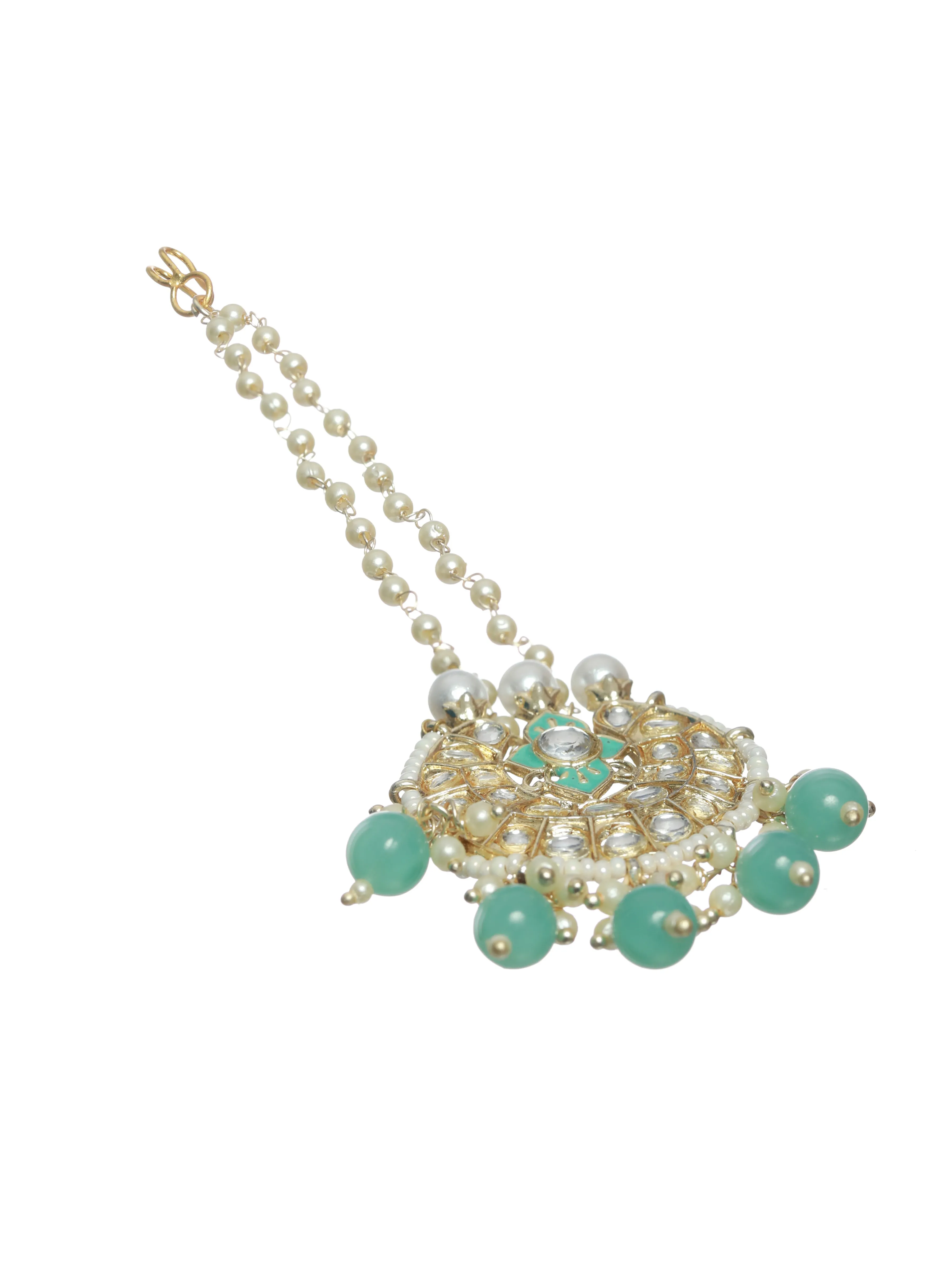 Gold-Plated Sea Green & White Kundan Studded & Beaded Enamelled Handcrafted Jewellery Set