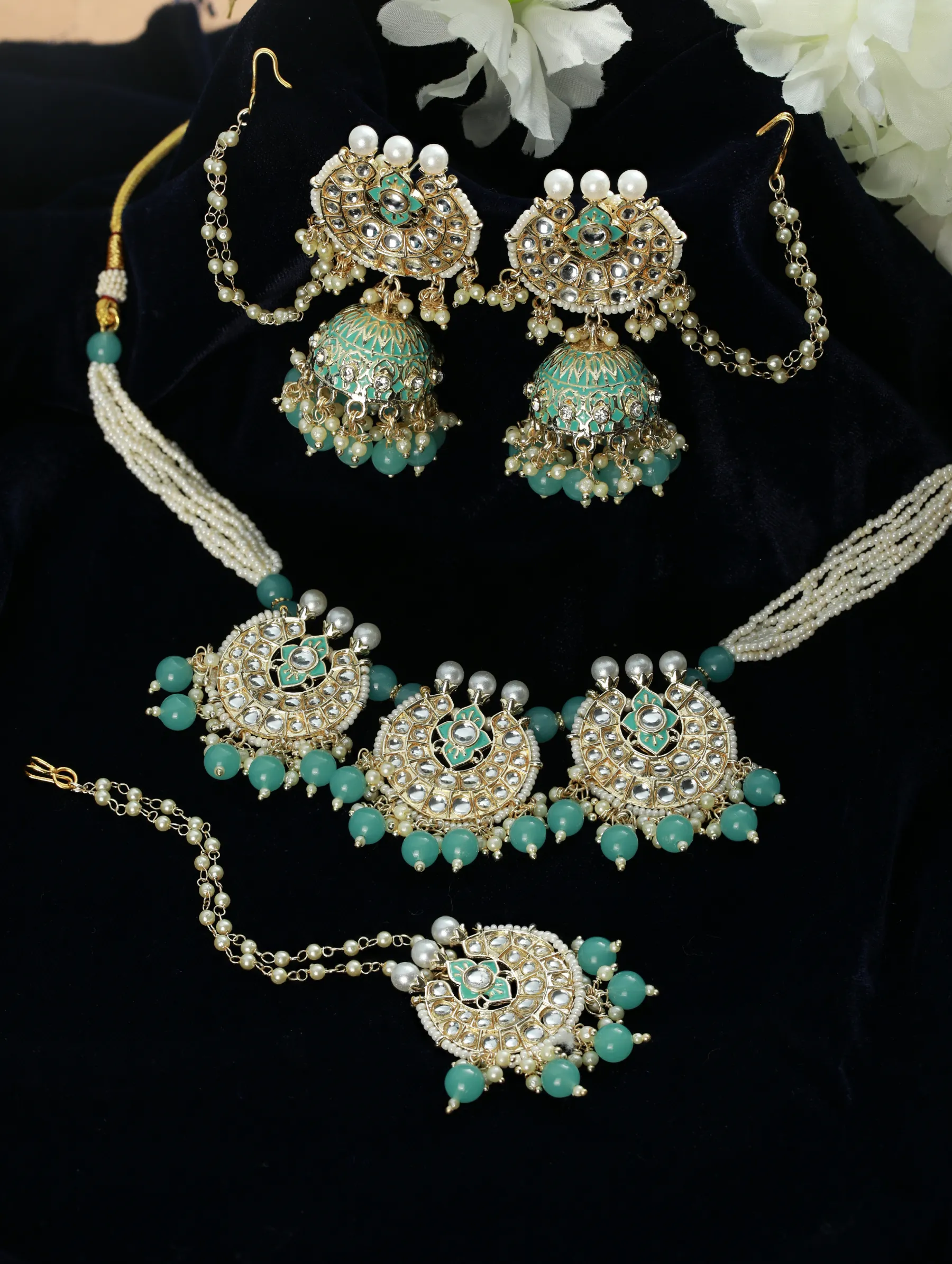 Gold-Plated Sea Green & White Kundan Studded & Beaded Enamelled Handcrafted Jewellery Set