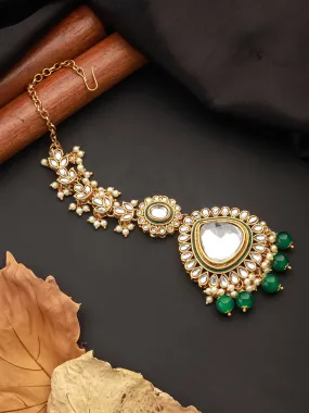 Gold-Plated White & Green Kundan-Studded & Beaded Maangtikka