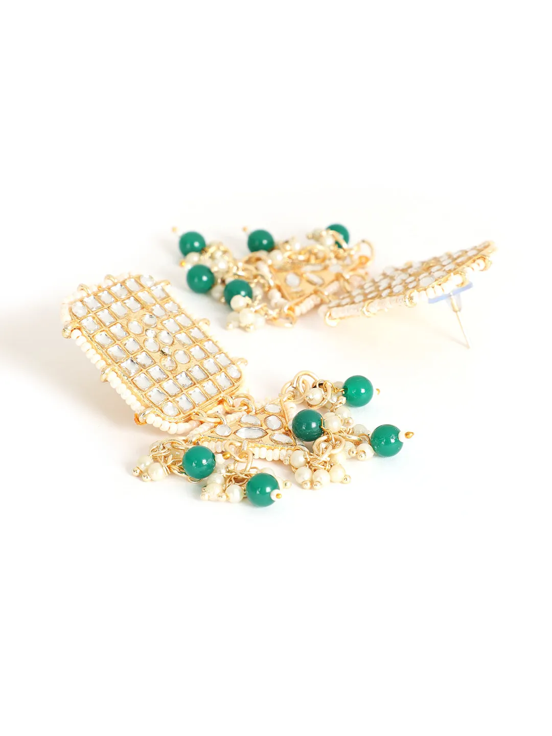 Gold-Toned Green & White Kundan Stone Studded & Pearls Beaded Traditional Maangtikka & Earrings Set
