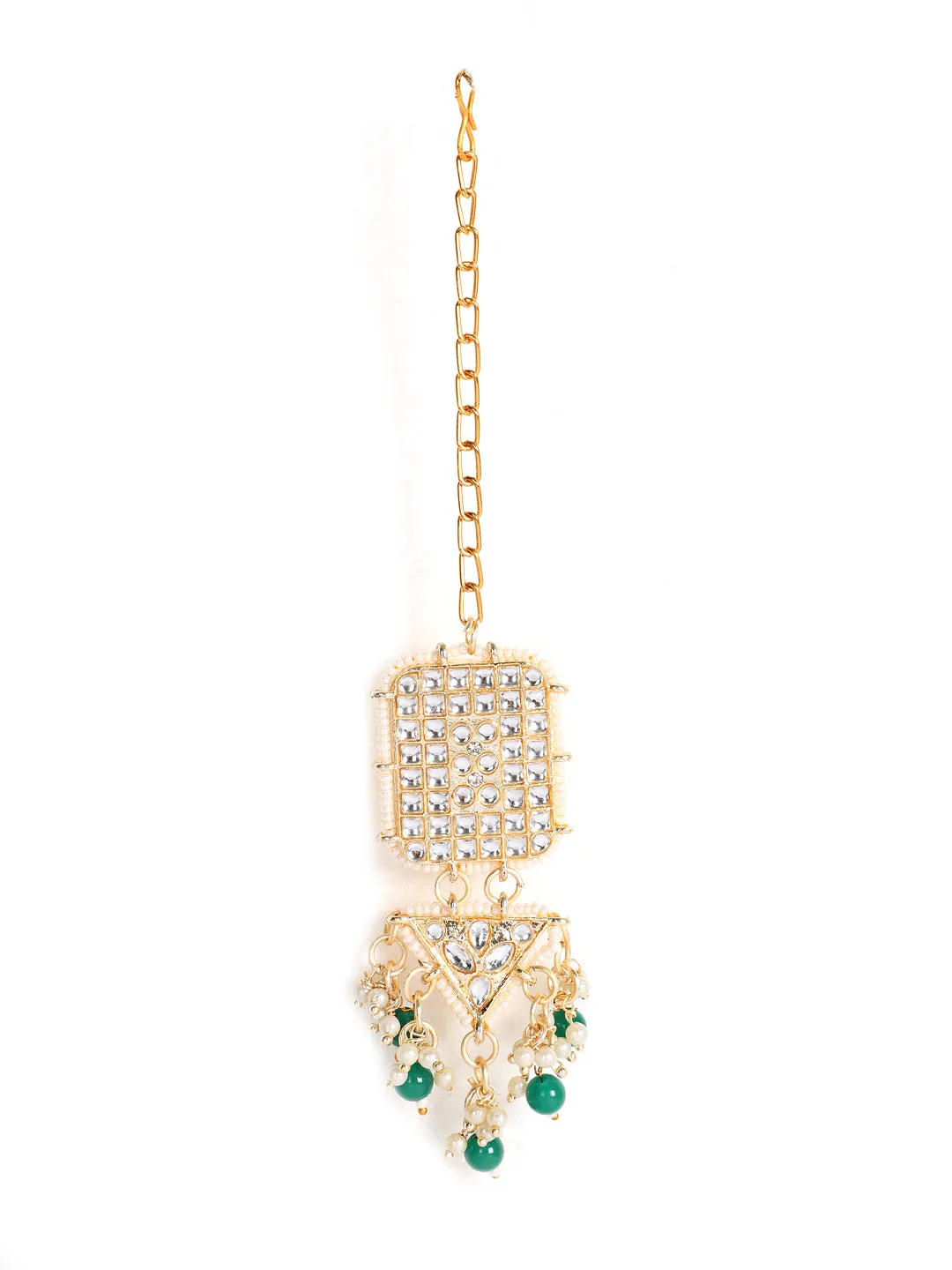 Gold-Toned Green & White Kundan Stone Studded & Pearls Beaded Traditional Maangtikka & Earrings Set