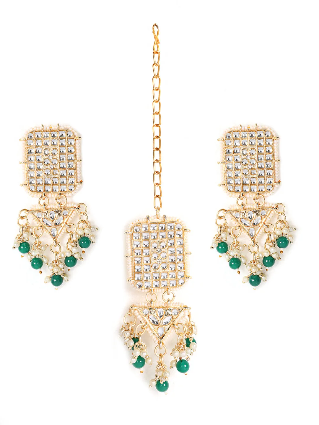 Gold-Toned Green & White Kundan Stone Studded & Pearls Beaded Traditional Maangtikka & Earrings Set