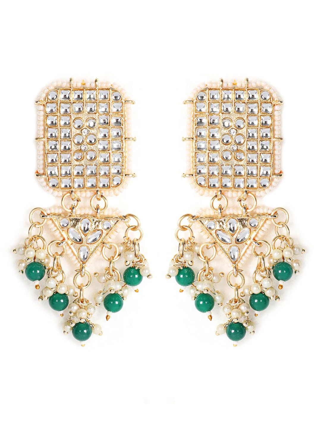 Gold-Toned Green & White Kundan Stone Studded & Pearls Beaded Traditional Maangtikka & Earrings Set
