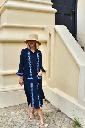 Houston Embroidered Maxi Dress Navy/Cornflower Blue