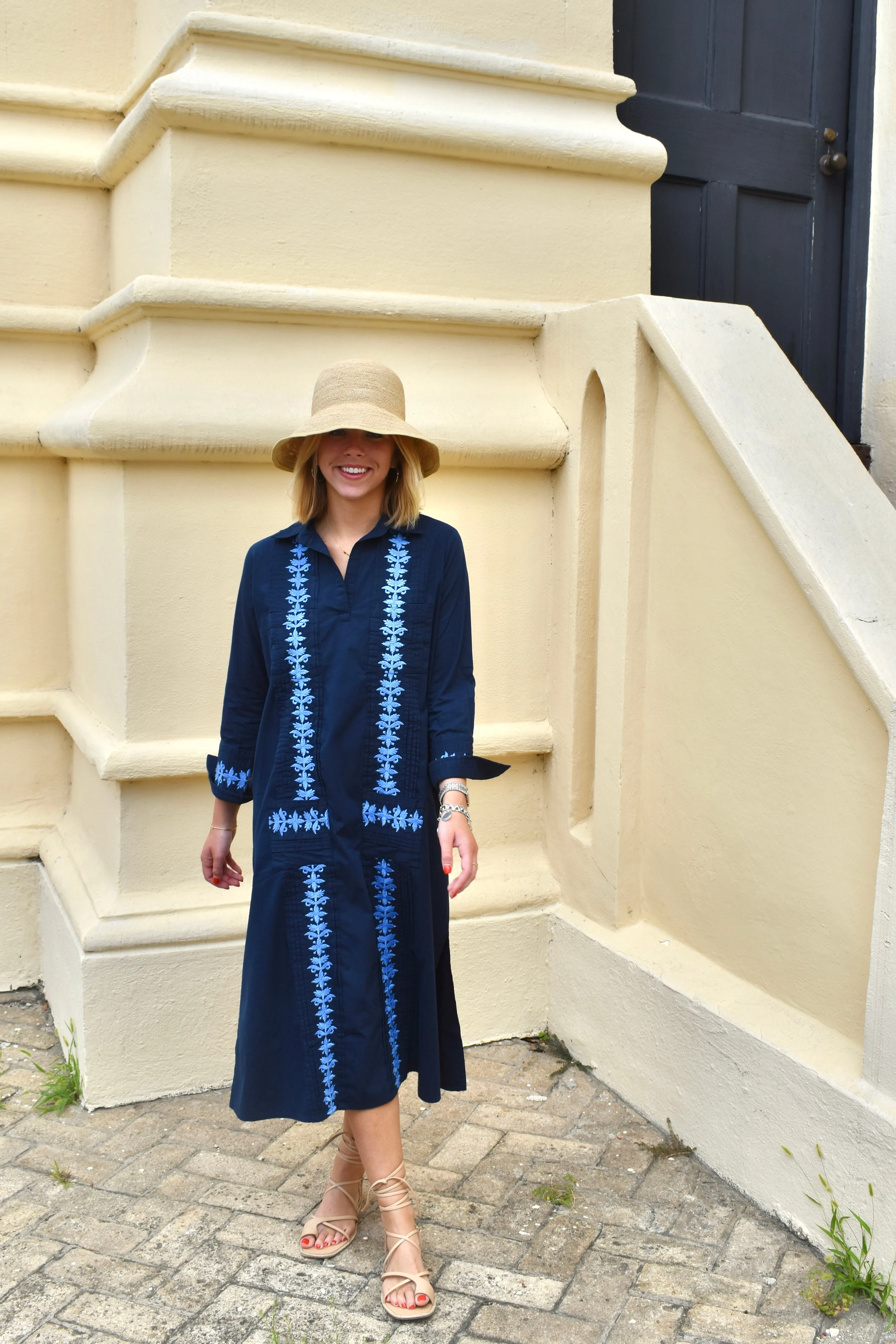 Houston Embroidered Maxi Dress Navy/Cornflower Blue