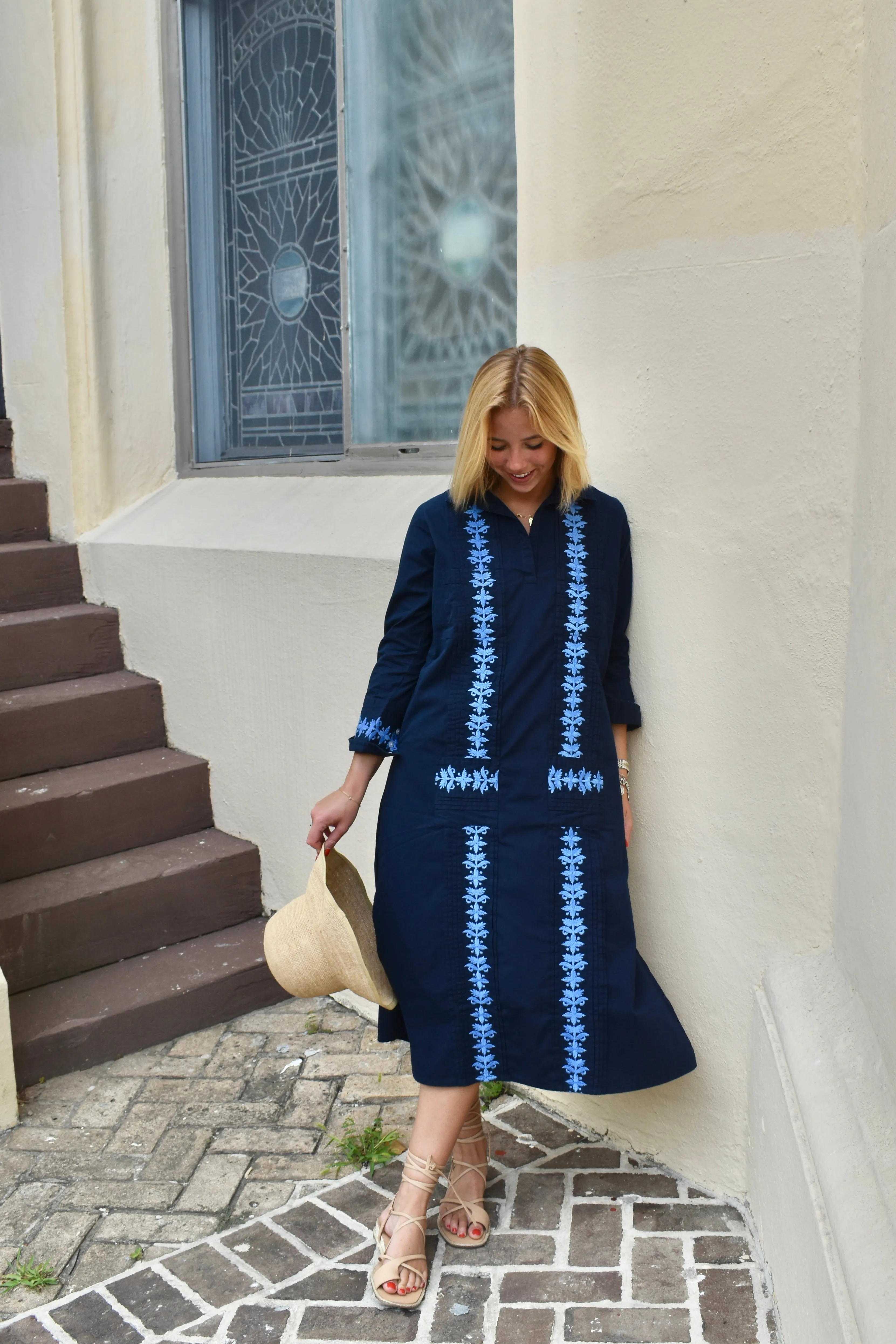 Houston Embroidered Maxi Dress Navy/Cornflower Blue