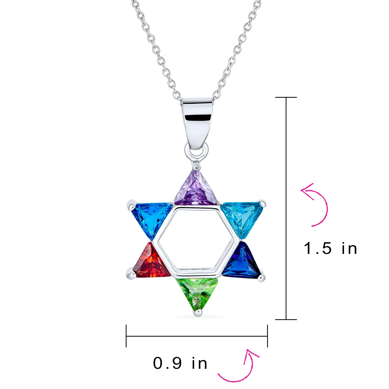 Judaic Hanukkah Color CZ Star David Necklace Pendant 14K Gold Plated .925 Silver