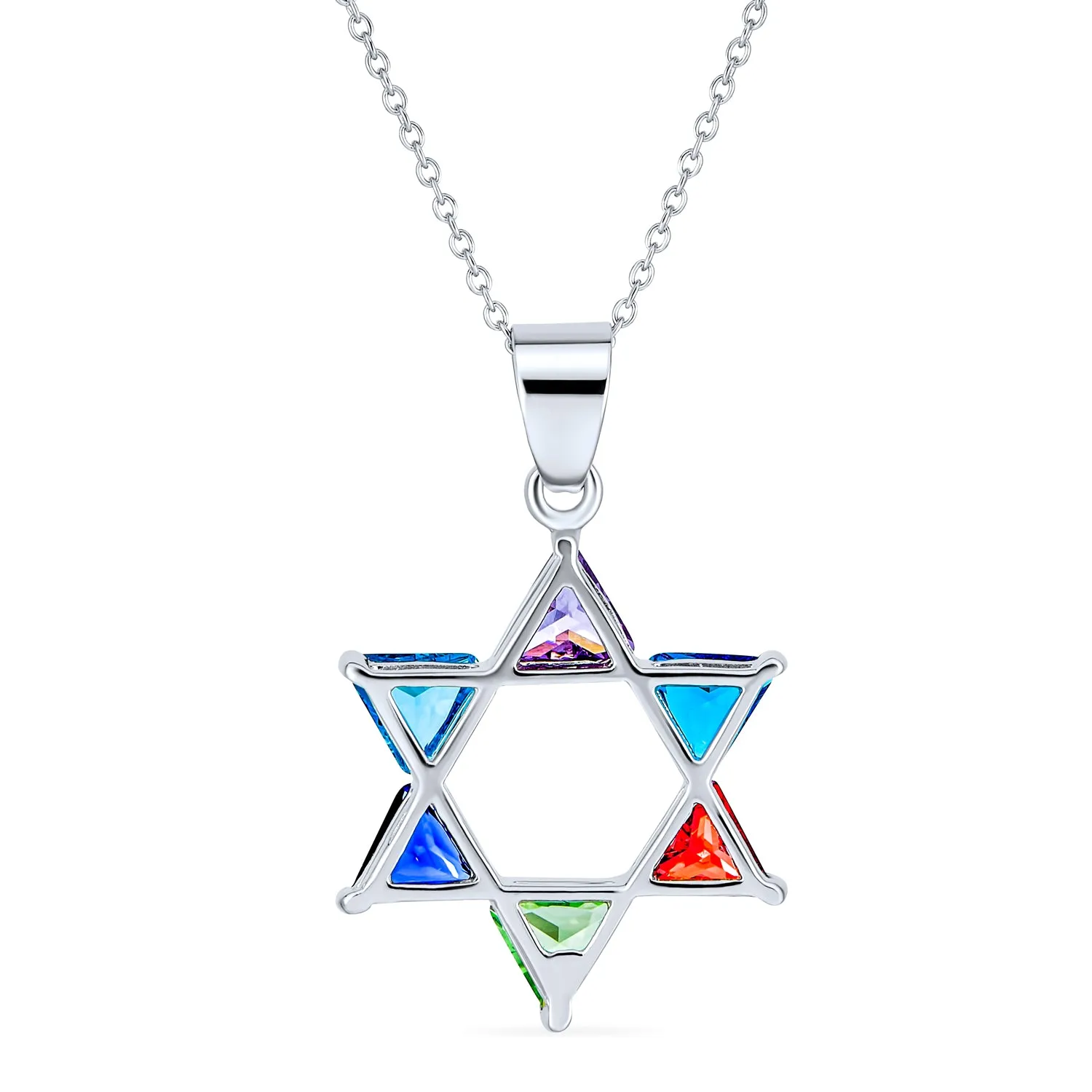 Judaic Hanukkah Color CZ Star David Necklace Pendant 14K Gold Plated .925 Silver