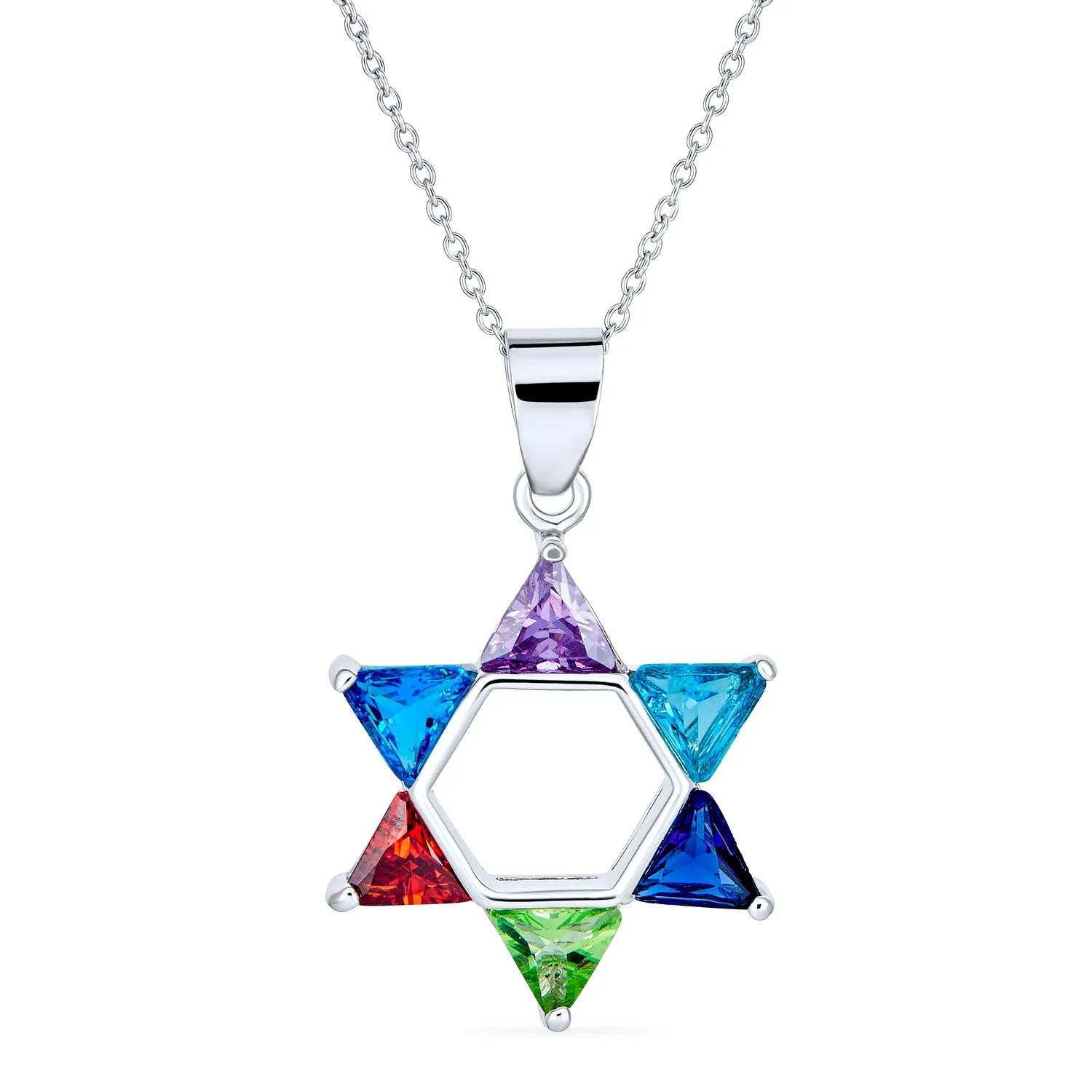 Judaic Hanukkah Color CZ Star David Necklace Pendant 14K Gold Plated .925 Silver