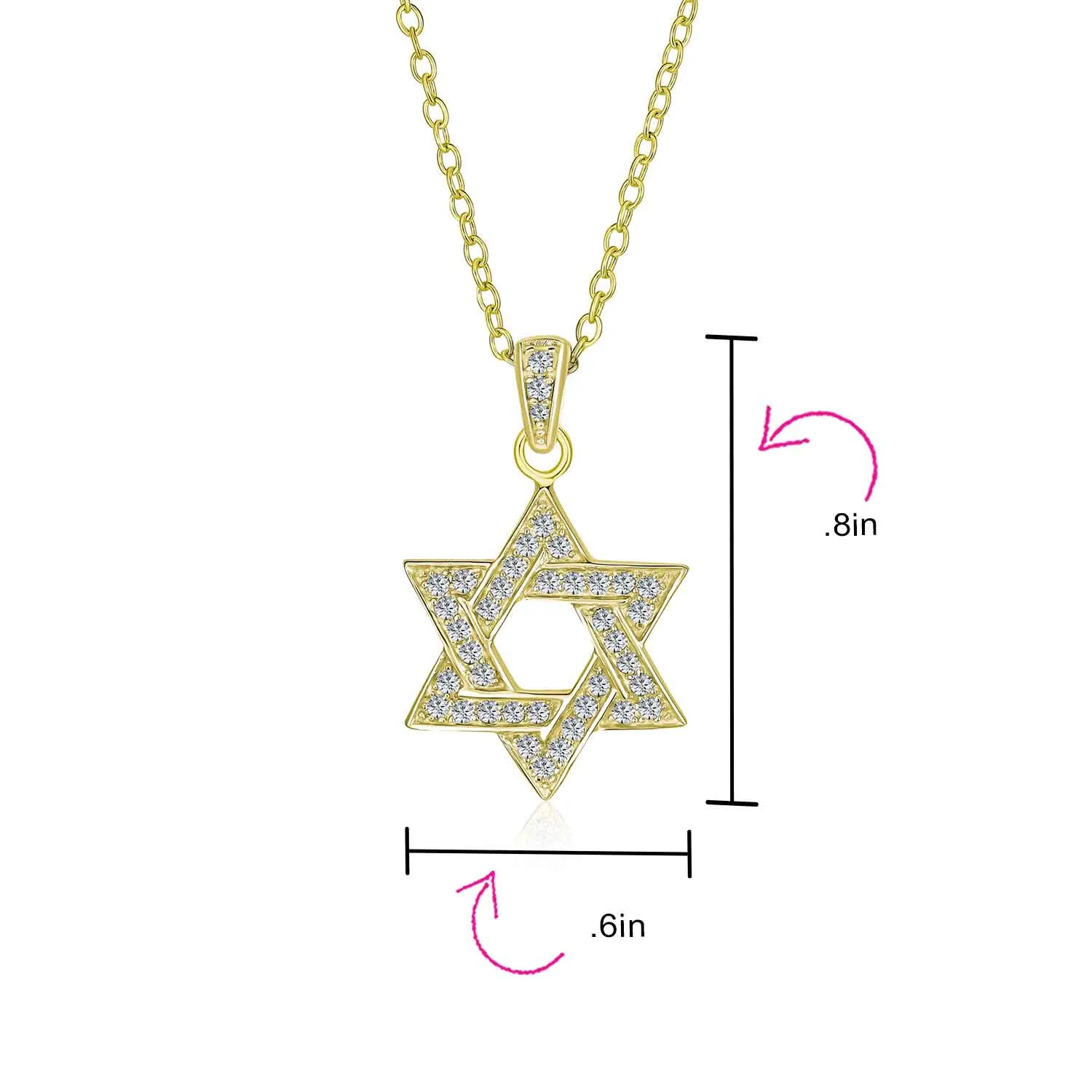 Judaic Hanukkah Color CZ Star David Necklace Pendant 14K Gold Plated .925 Silver