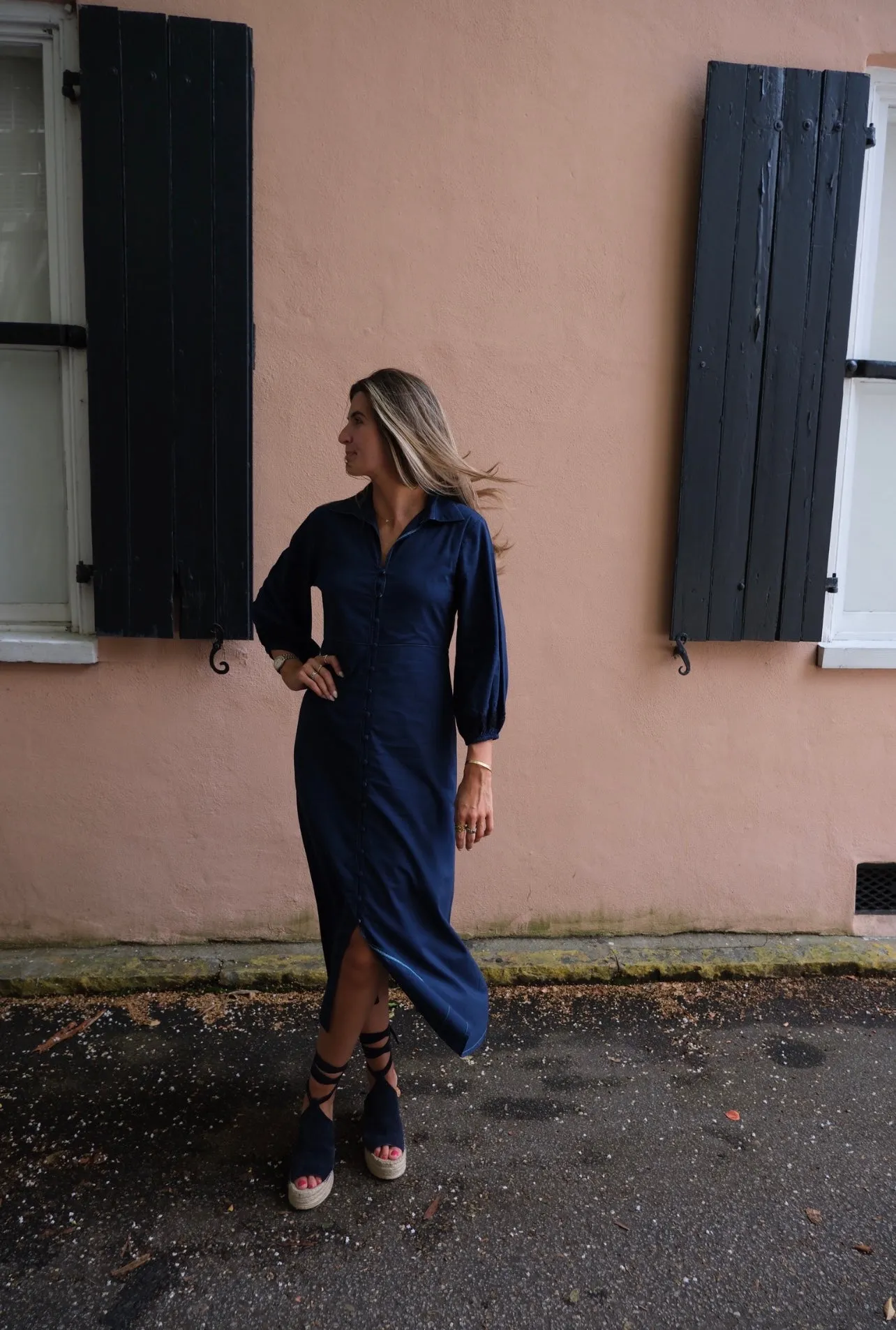 Kelly Maxi Dress Navy with Navy Embroidered Cuff