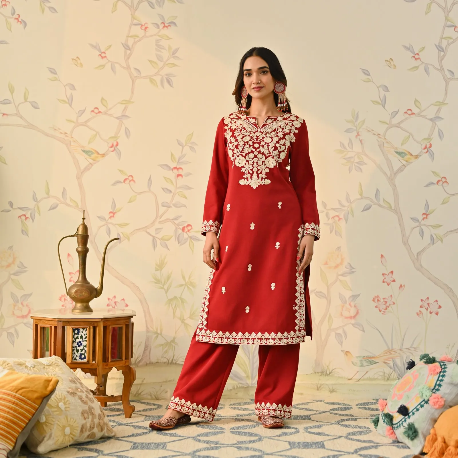 Maroon Woollen Embroidered Kurta