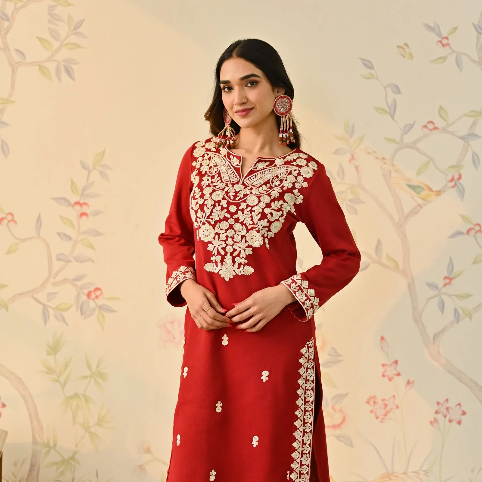 Maroon Woollen Embroidered Kurta