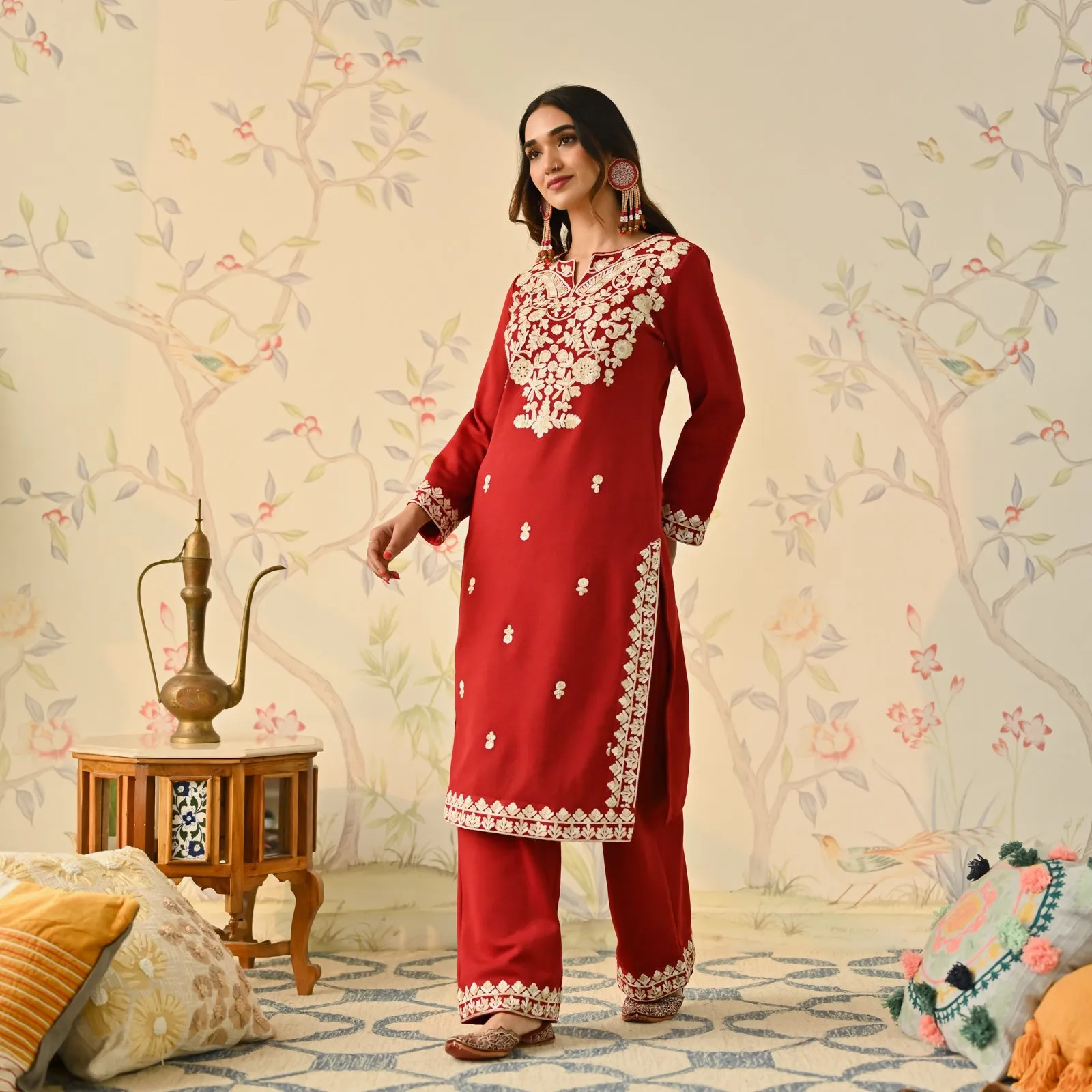 Maroon Woollen Embroidered Kurta
