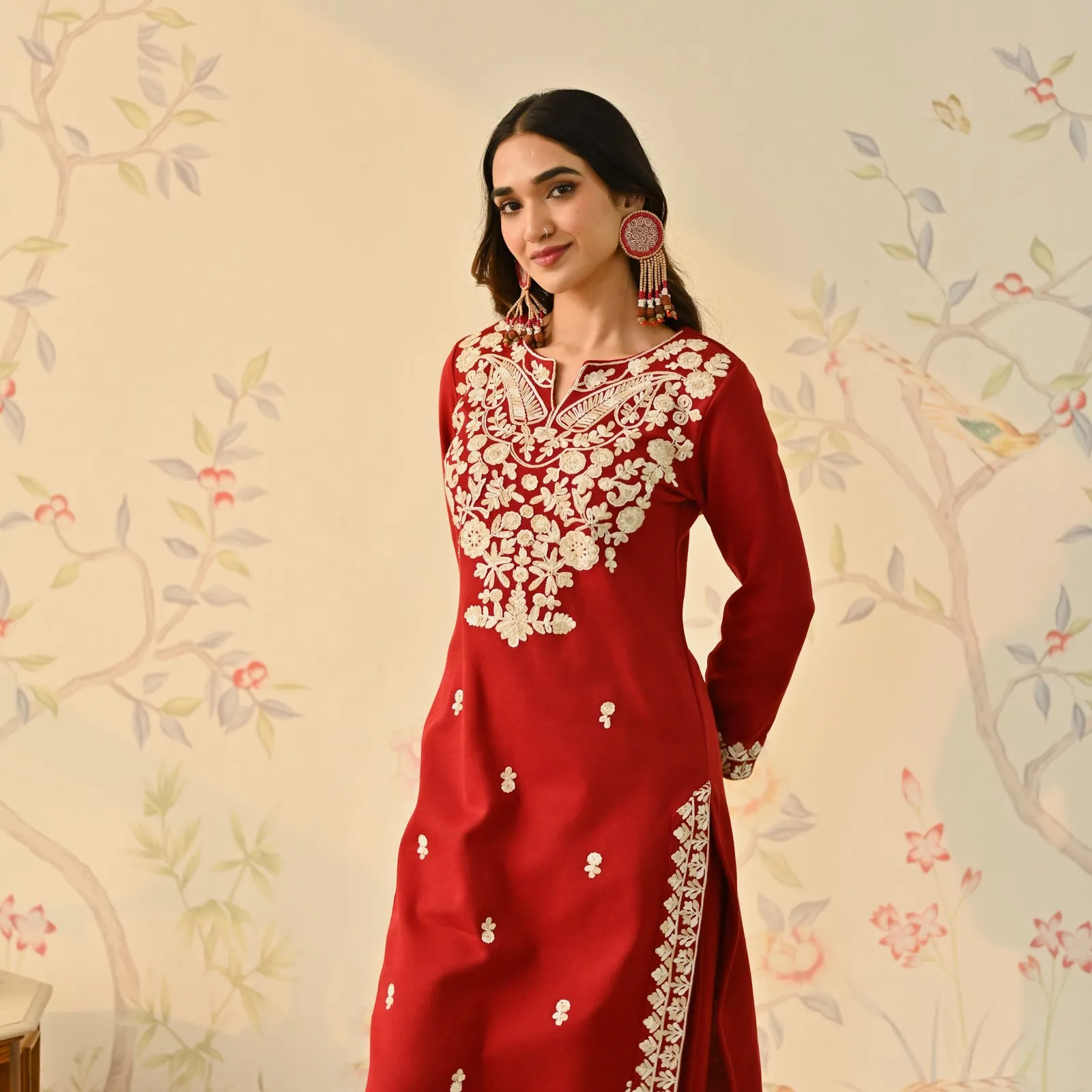 Maroon Woollen Embroidered Kurta