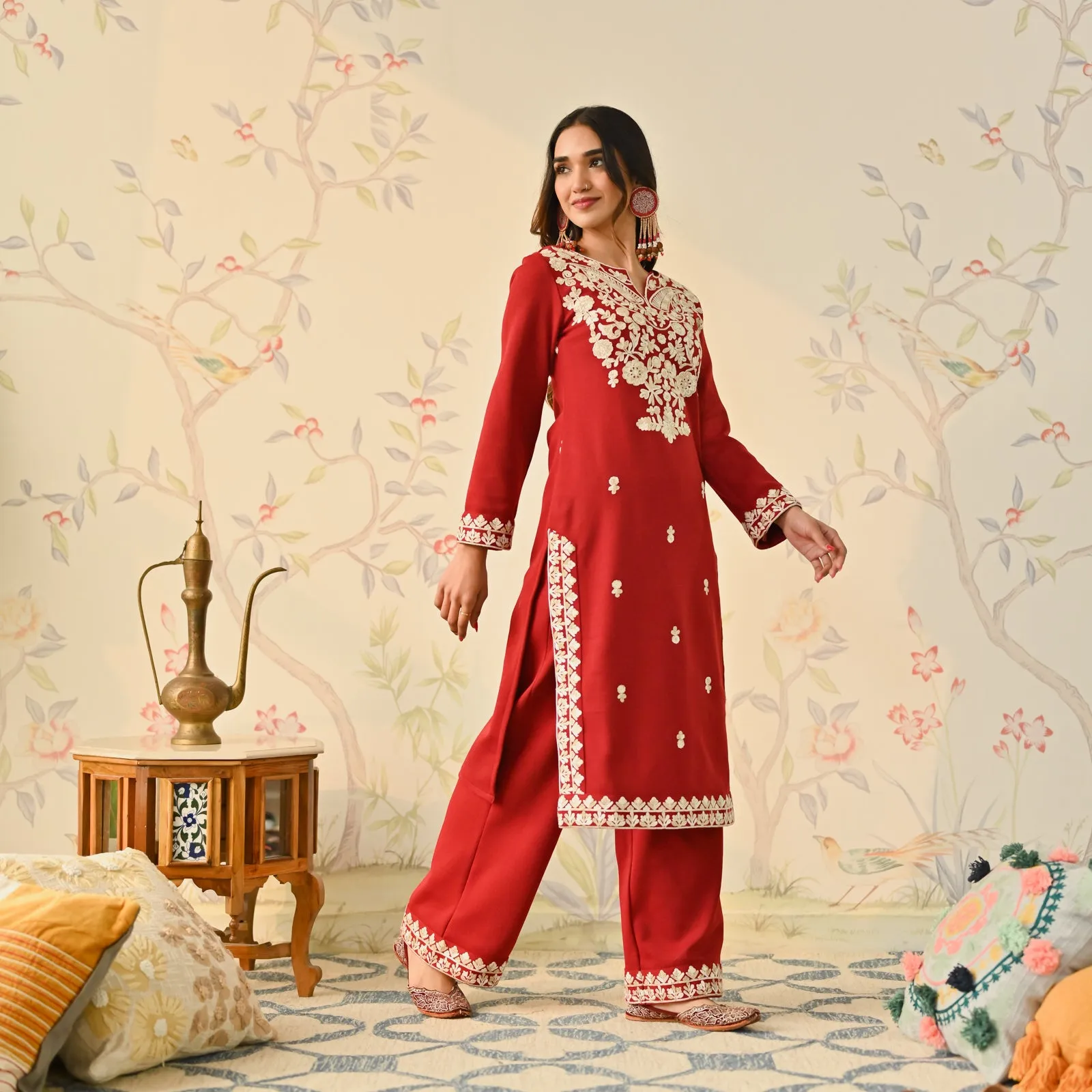 Maroon Woollen Embroidered Kurta