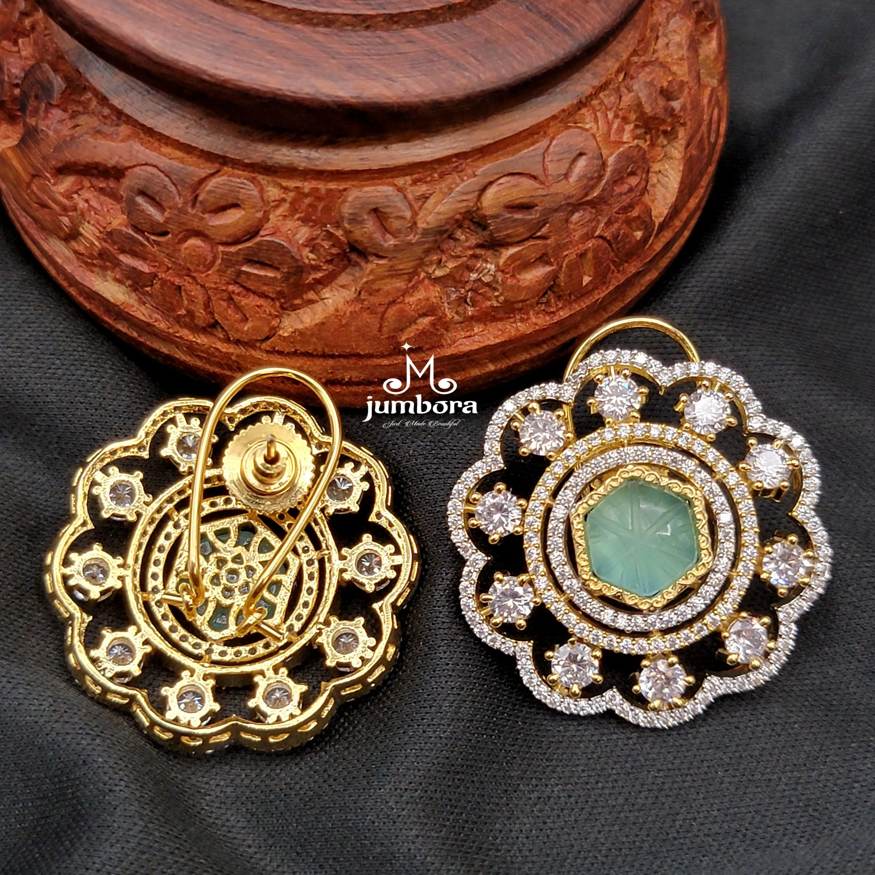 Mint Green Carved Stone AD Zircon Big Stud Earring