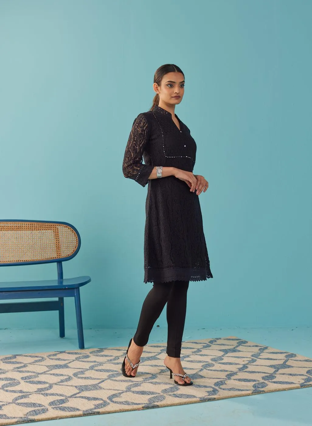 Mirror Work Black Kurta with Floral Motifs
