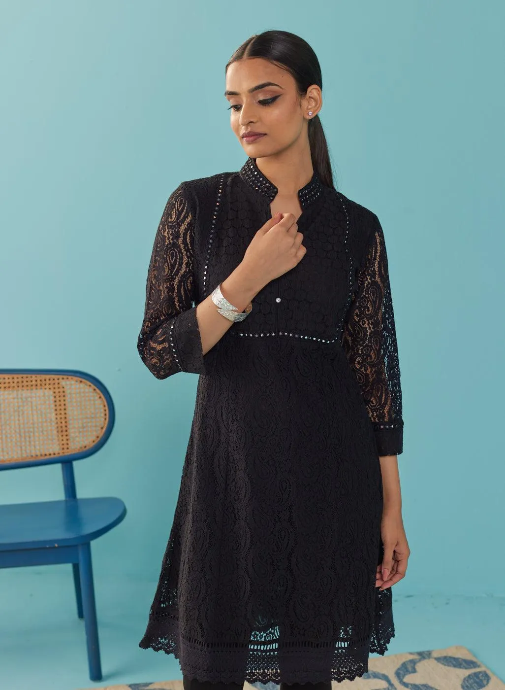 Mirror Work Black Kurta with Floral Motifs