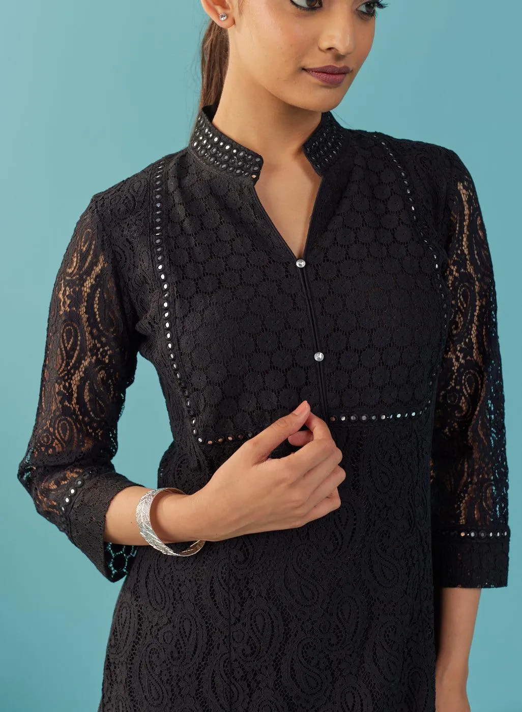 Mirror Work Black Kurta with Floral Motifs