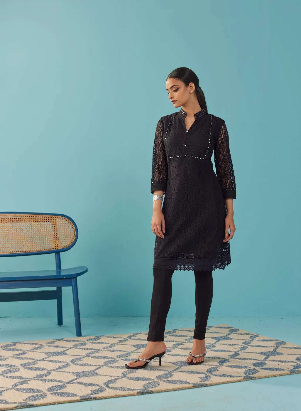 Mirror Work Black Kurta with Floral Motifs