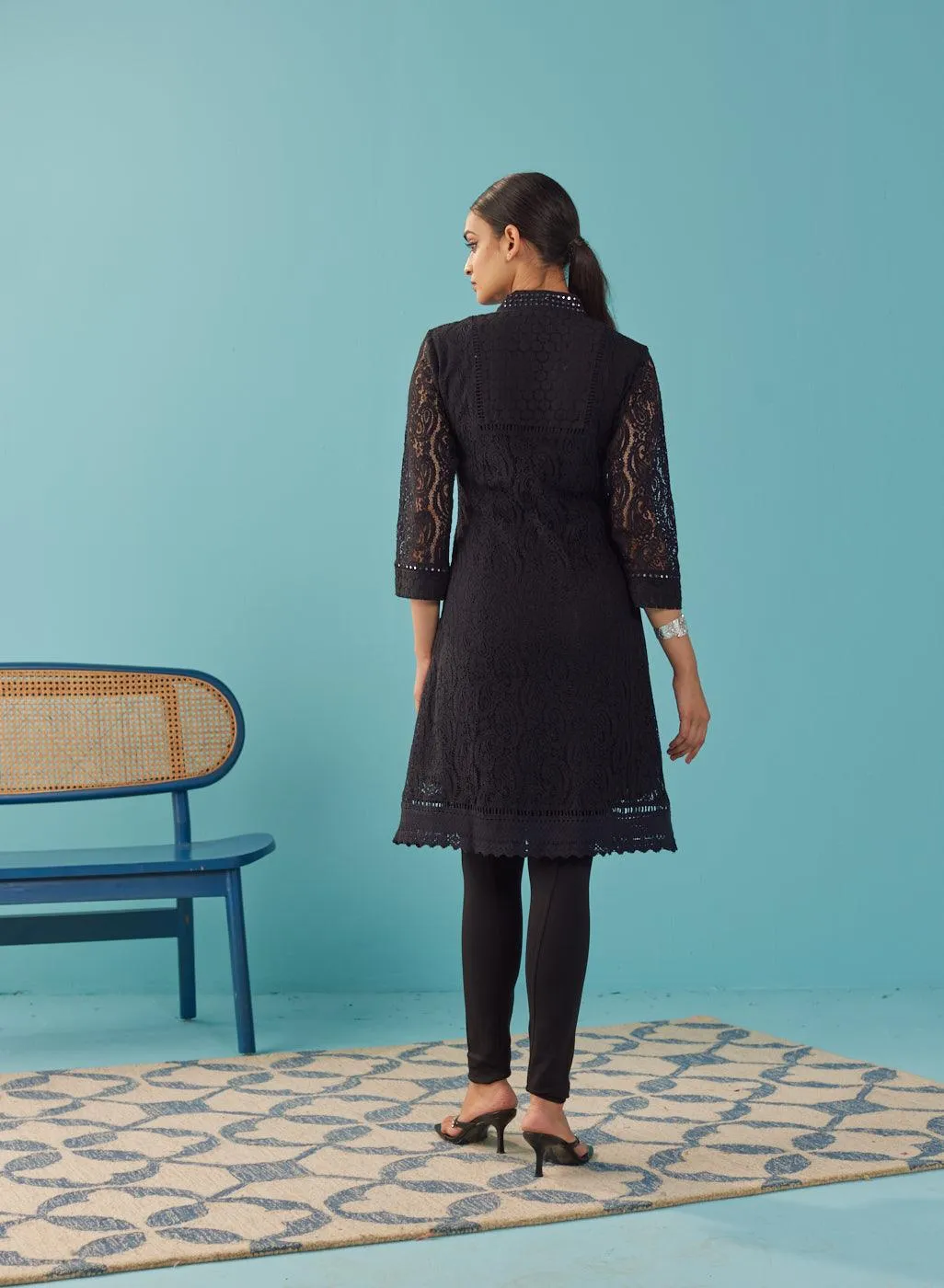 Mirror Work Black Kurta with Floral Motifs