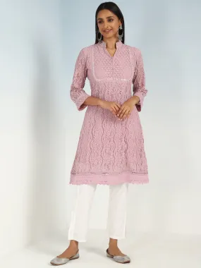Mirror Work Pink Kurta with Floral Motifs