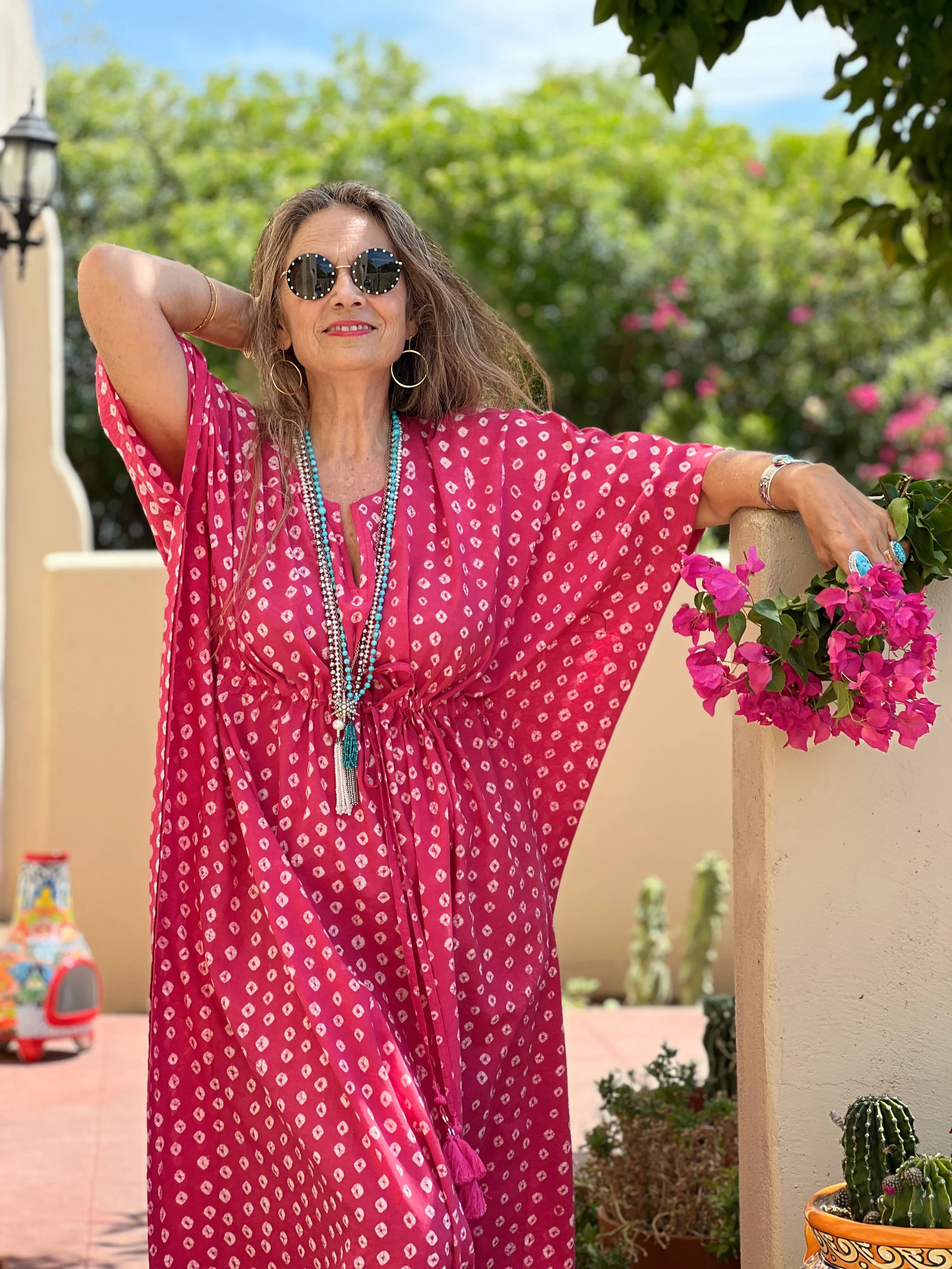 Passe-Partout Pink Polka Dot Hand Tie Dyed Maxi Kaftan Dress FINAL SALE One Left!