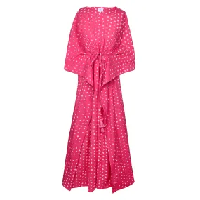 Passe-Partout Pink Polka Dot Hand Tie Dyed Maxi Kaftan Dress FINAL SALE One Left!