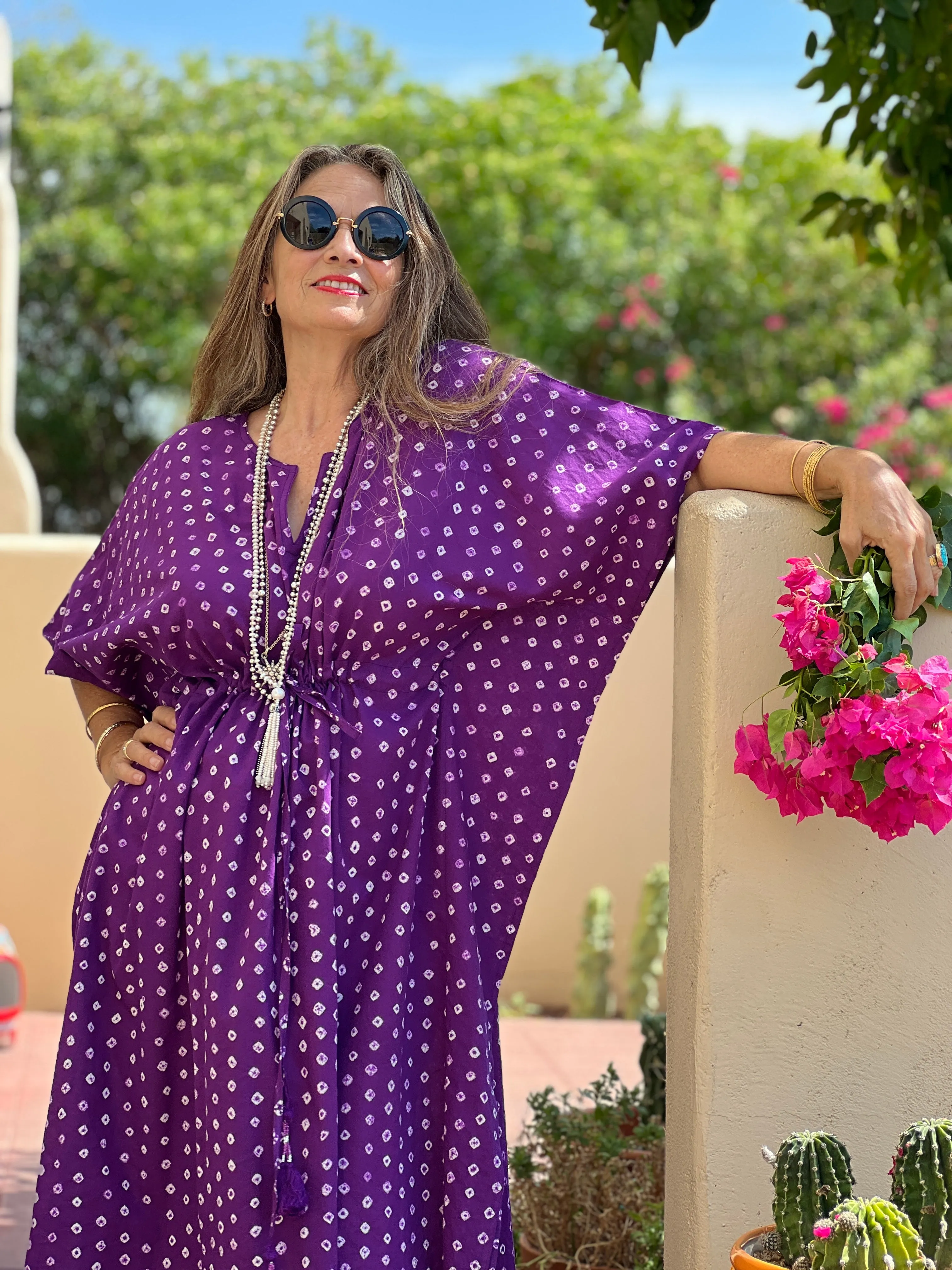 Passe-Partout Purple Polka Dot Hand Tie Dyed Maxi Kaftan Dress