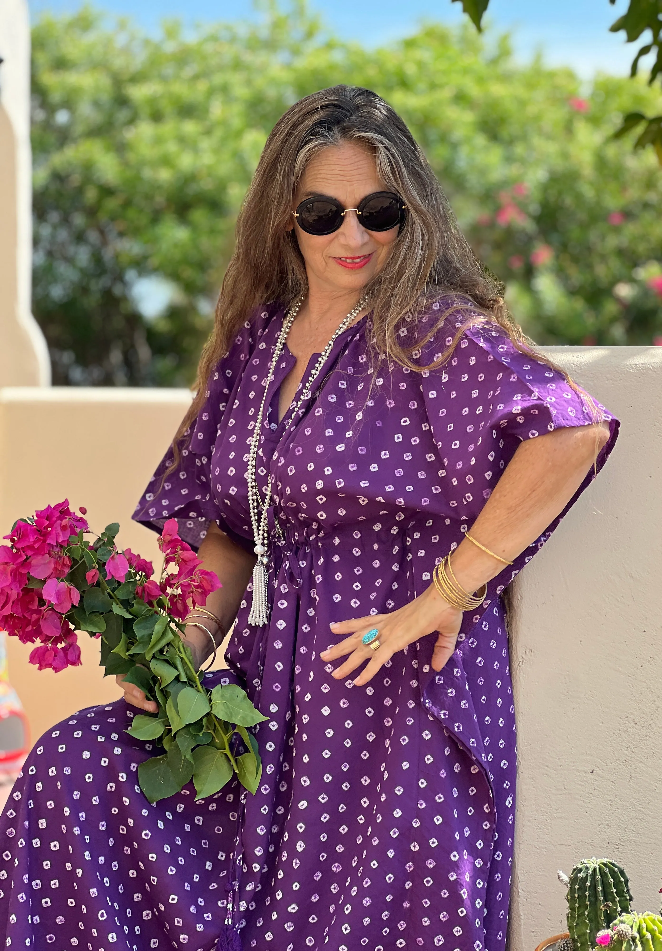 Passe-Partout Purple Polka Dot Hand Tie Dyed Maxi Kaftan Dress