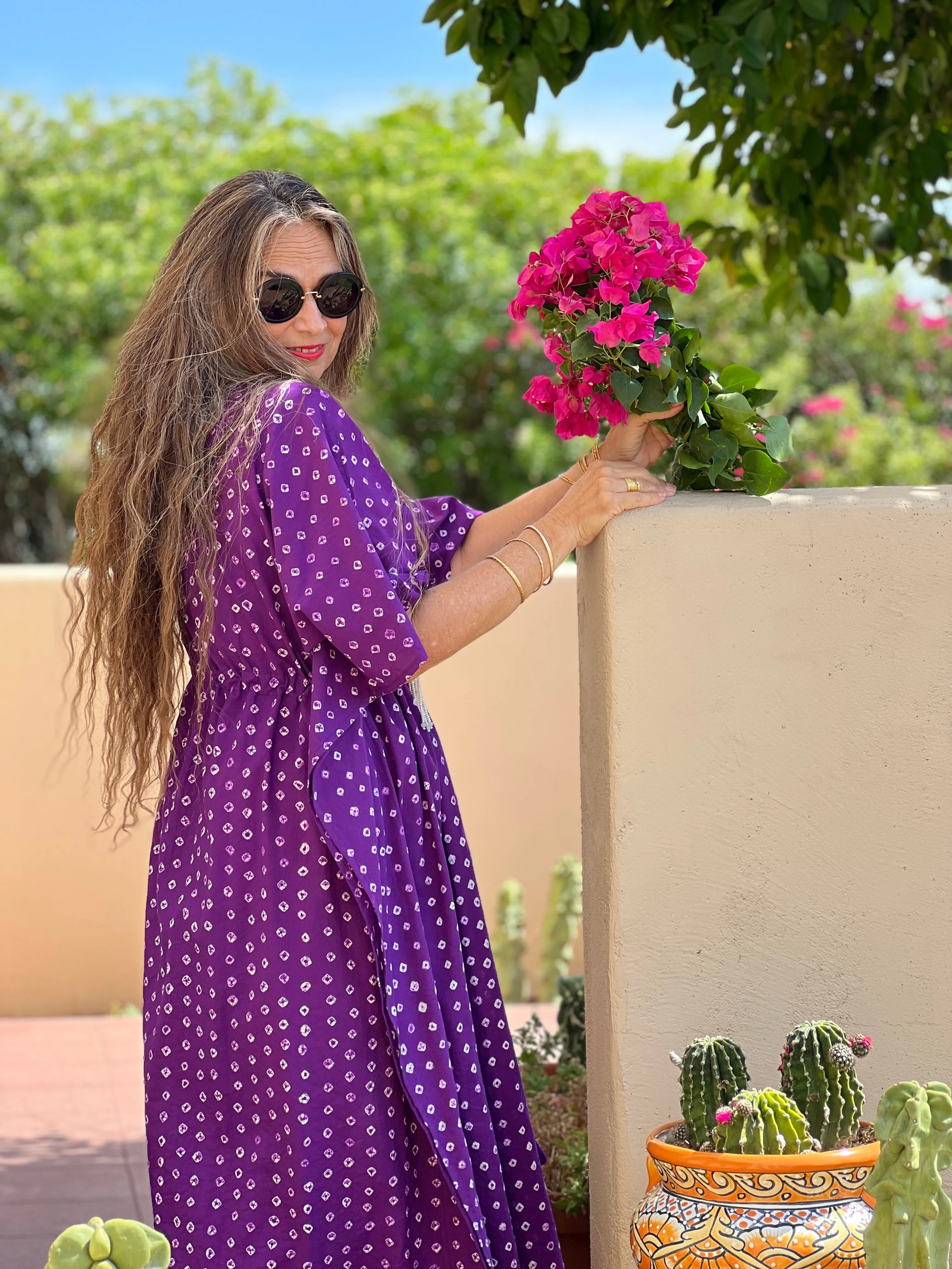 Passe-Partout Purple Polka Dot Hand Tie Dyed Maxi Kaftan Dress
