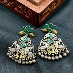 Peacock Green and White Oxidized Silver Alike Earring