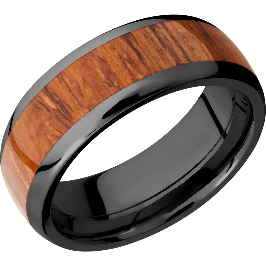 POLISHED ZIRCONIUM 8MM WEDDING BAND WITH DESERT IRONWOOD INLAY