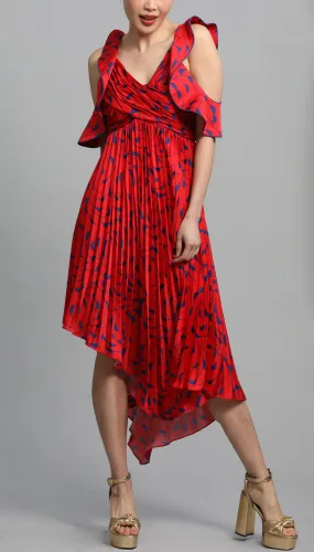 Red Asymemetric Printed Satin Midi Dress