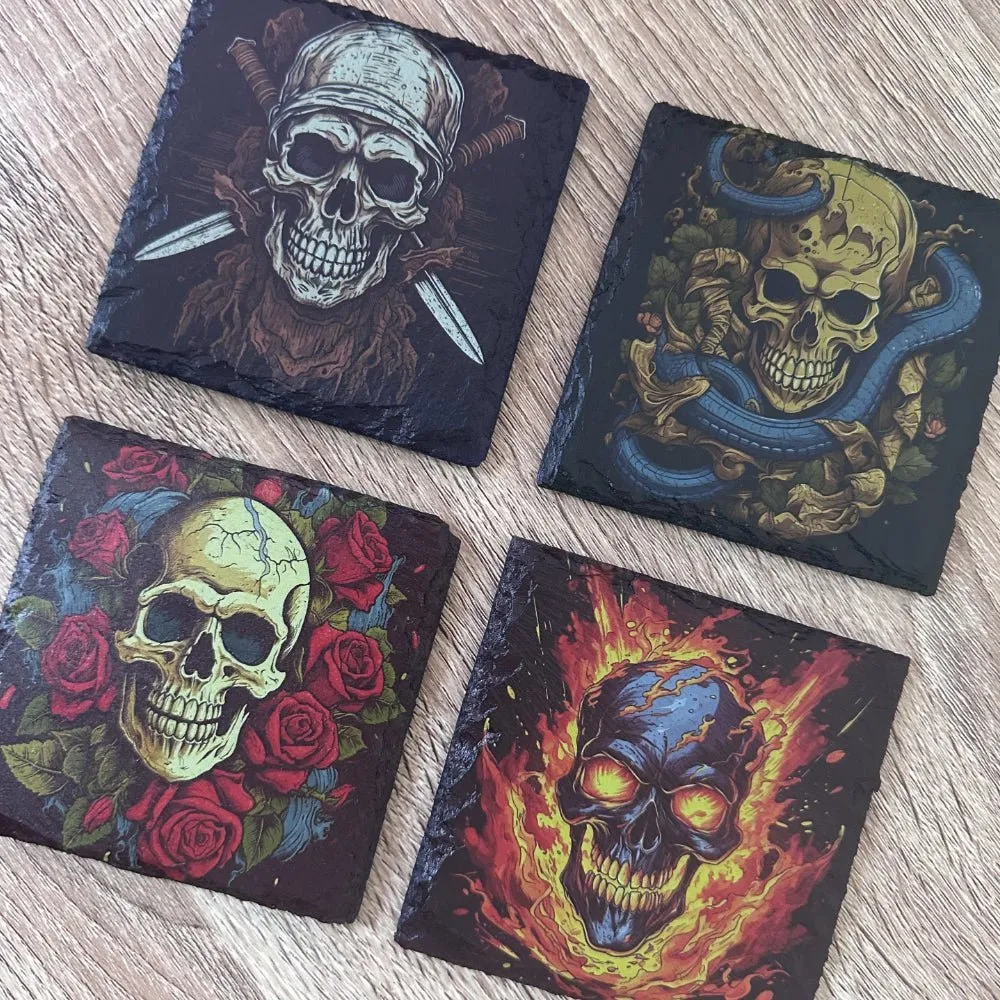 Skull Slate Coasters - Roses Skull