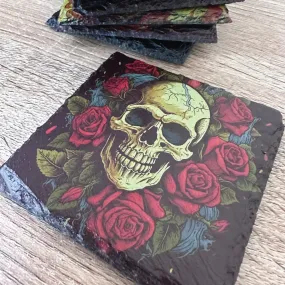 Skull Slate Coasters - Roses Skull