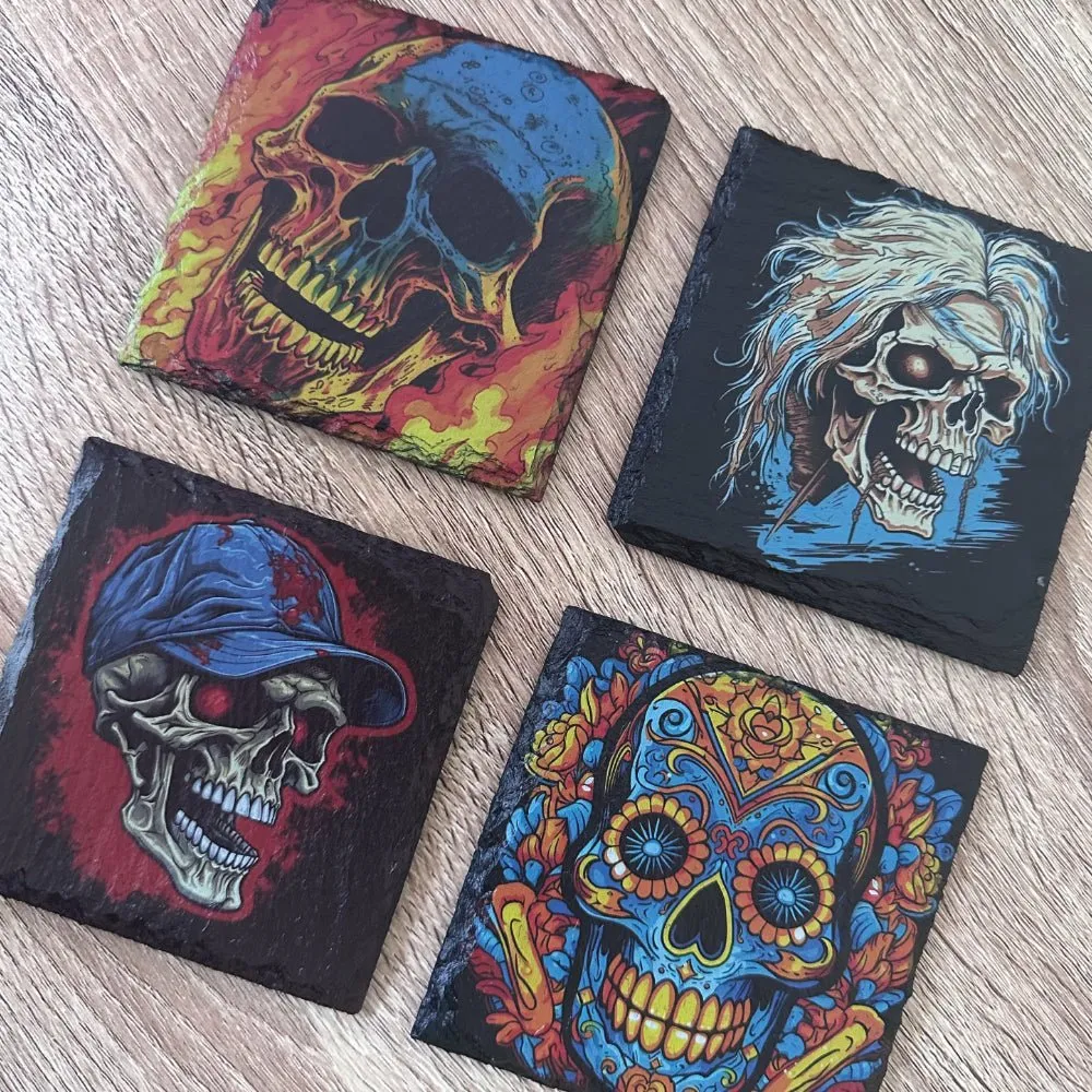 Skull Slate Coasters - Roses Skull