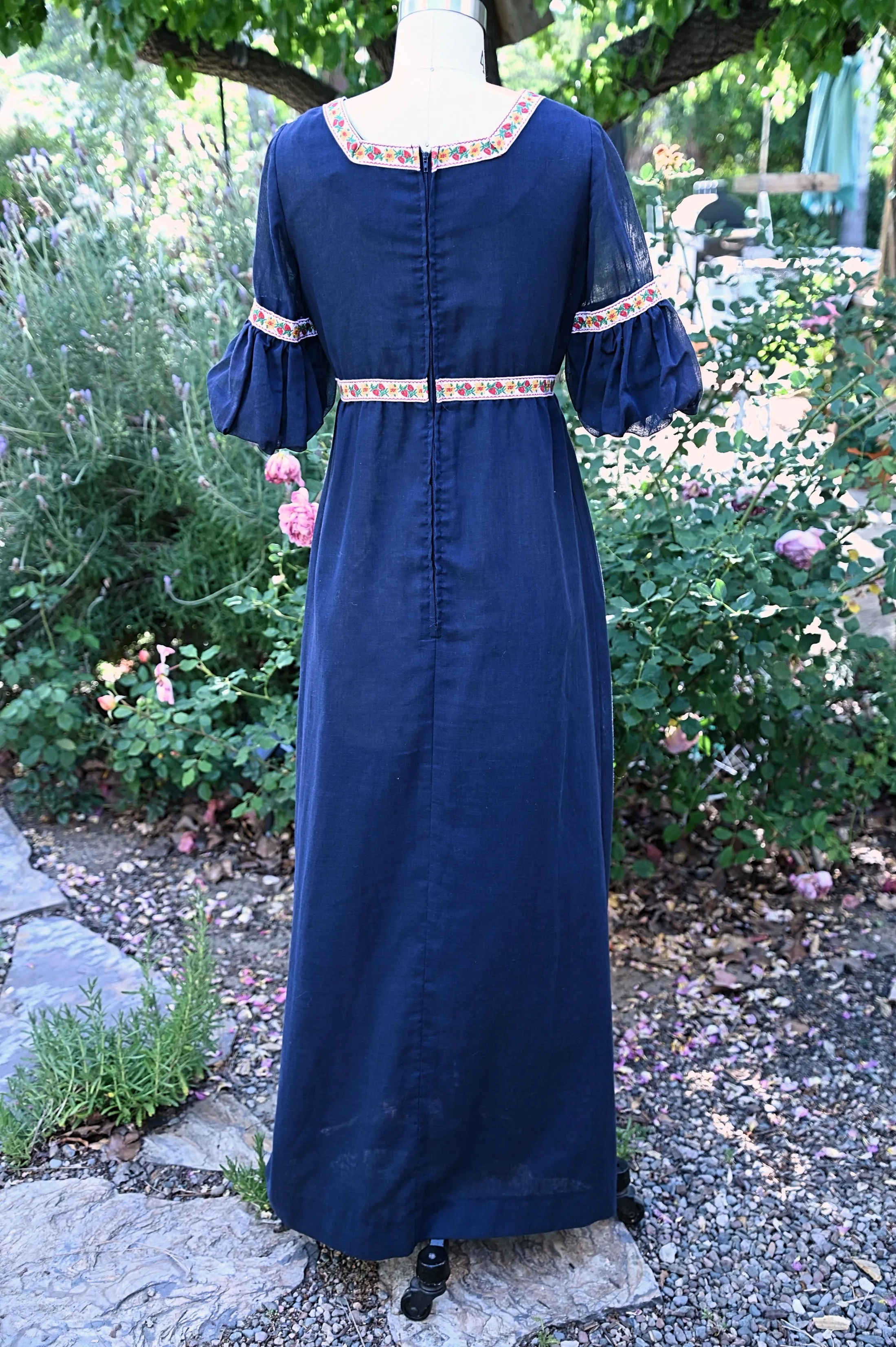 SOLD Vintage 60s Blue Maxi Dress, Embroidered Details Empire Waist Dress S