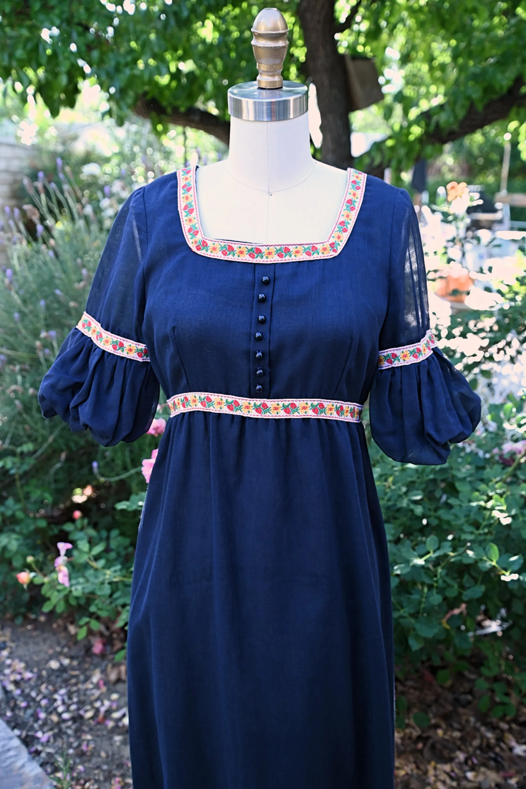 SOLD Vintage 60s Blue Maxi Dress, Embroidered Details Empire Waist Dress S