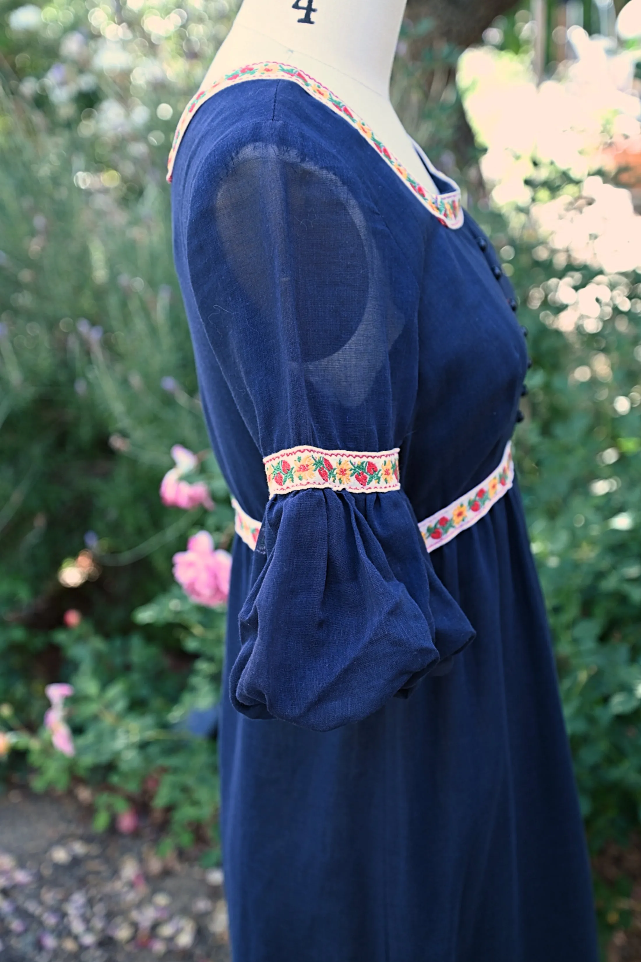 SOLD Vintage 60s Blue Maxi Dress, Embroidered Details Empire Waist Dress S