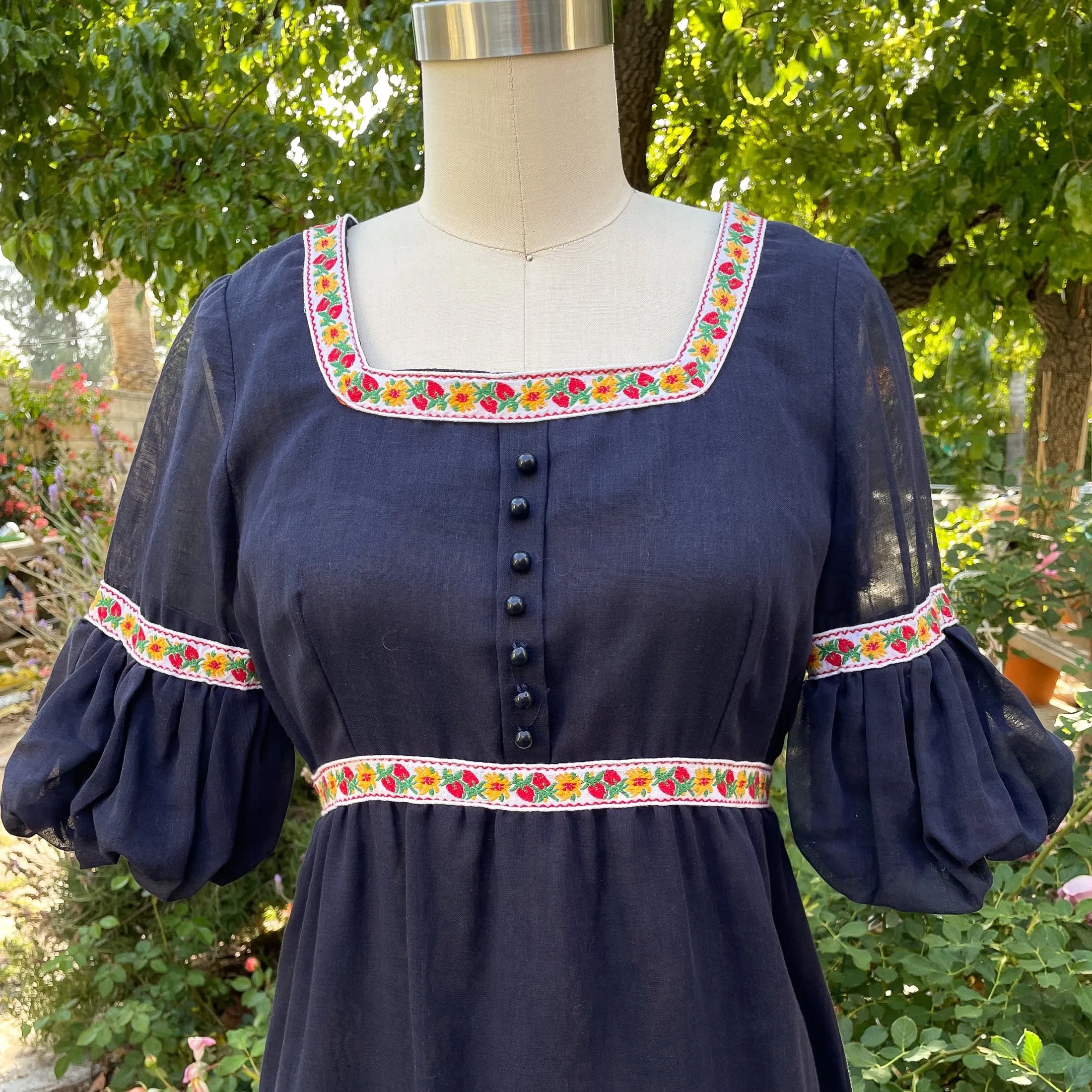 SOLD Vintage 60s Blue Maxi Dress, Embroidered Details Empire Waist Dress S