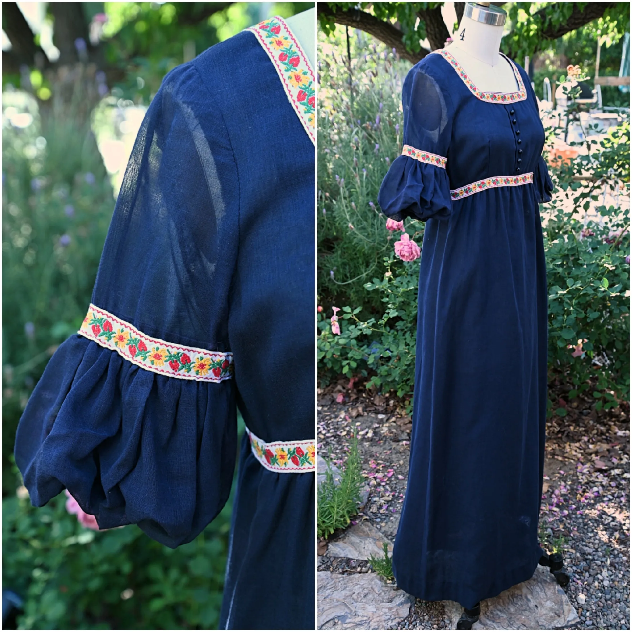 SOLD Vintage 60s Blue Maxi Dress, Embroidered Details Empire Waist Dress S