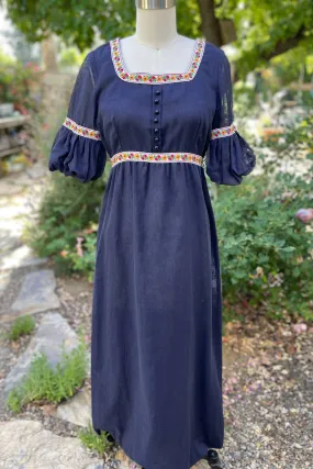 SOLD Vintage 60s Blue Maxi Dress, Embroidered Details Empire Waist Dress S
