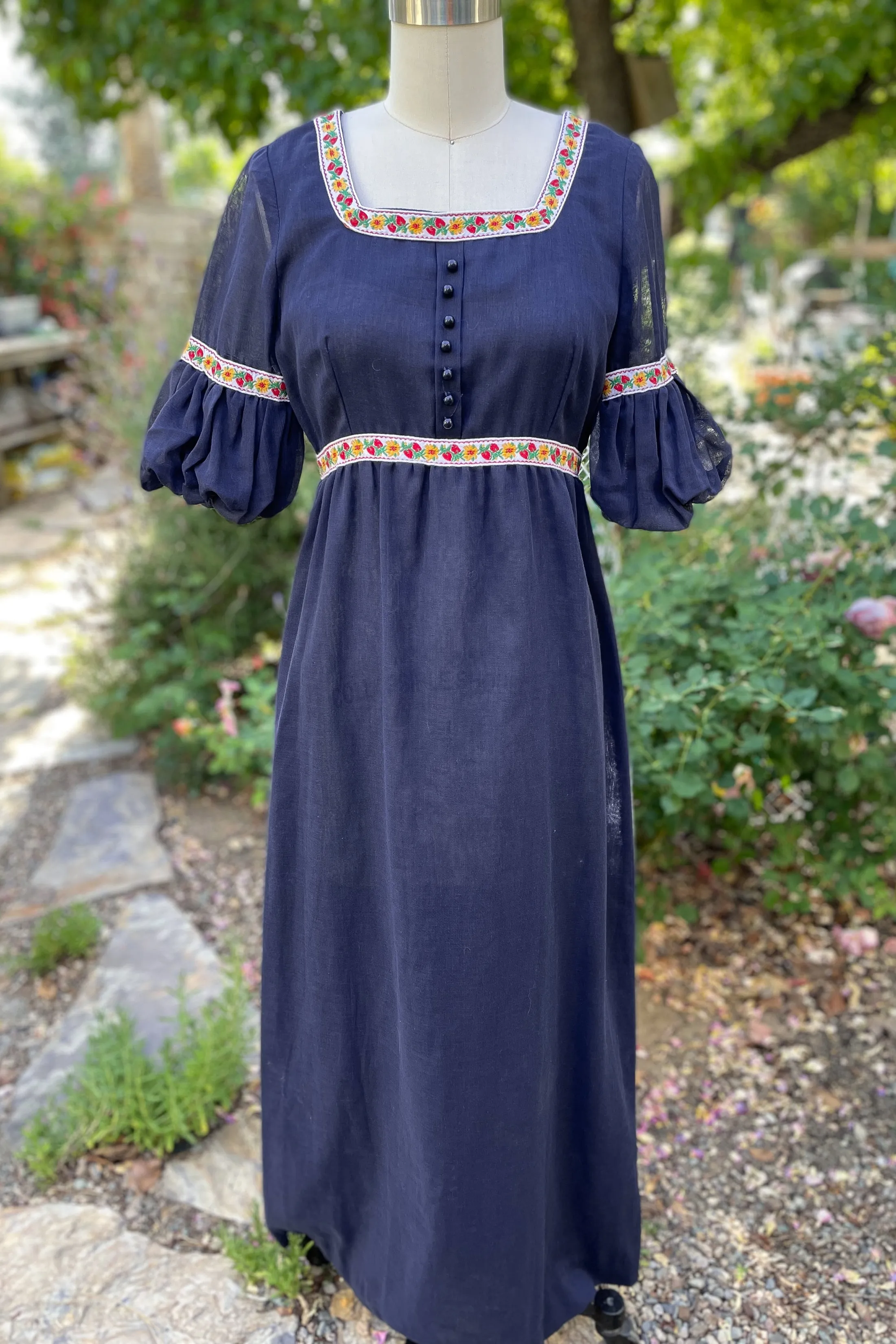 SOLD Vintage 60s Blue Maxi Dress, Embroidered Details Empire Waist Dress S