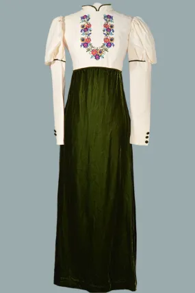 Vintage 60s Embroidered Green Velvet Maxi Dress, Long Juliette Sleeves, XS