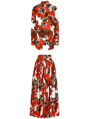 Women’s Anemone Printed Cotton Shirt and Maxi Skirt Set